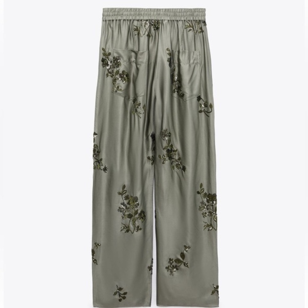 Zara sequin satin effect Embroidered sequin Olive Green Satin Pants NWT XXL - Picture 5 of 10